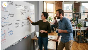 Software company founders mapping payment partnership options on a whiteboard.