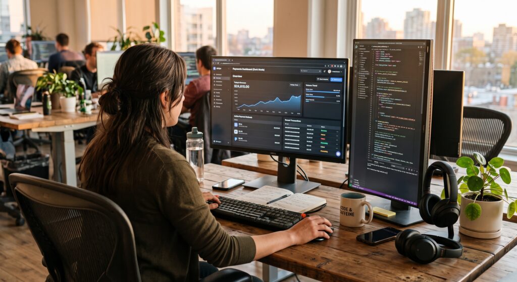 Software company team reviewing payment onboarding flow on screen