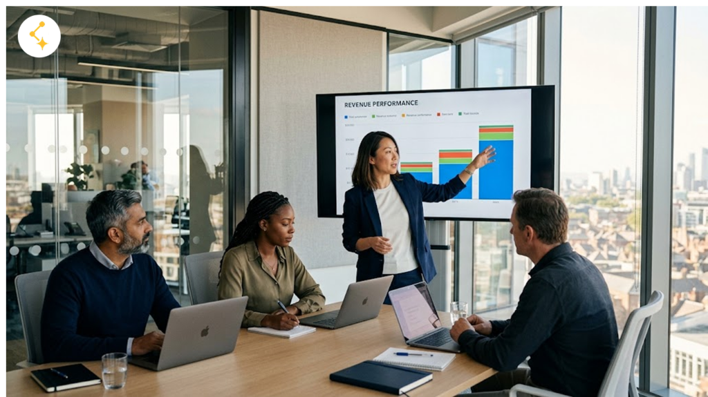 Software company leadership reviewing revenue mix in a conference room,