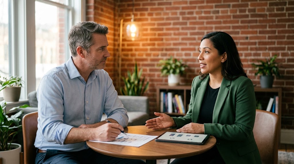 Software executive discussing a payments partnership across a table.
