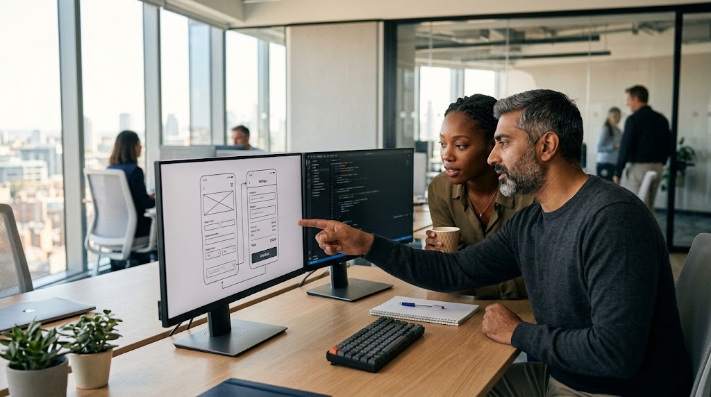 Product manager and engineer reviewing an in-app checkout design