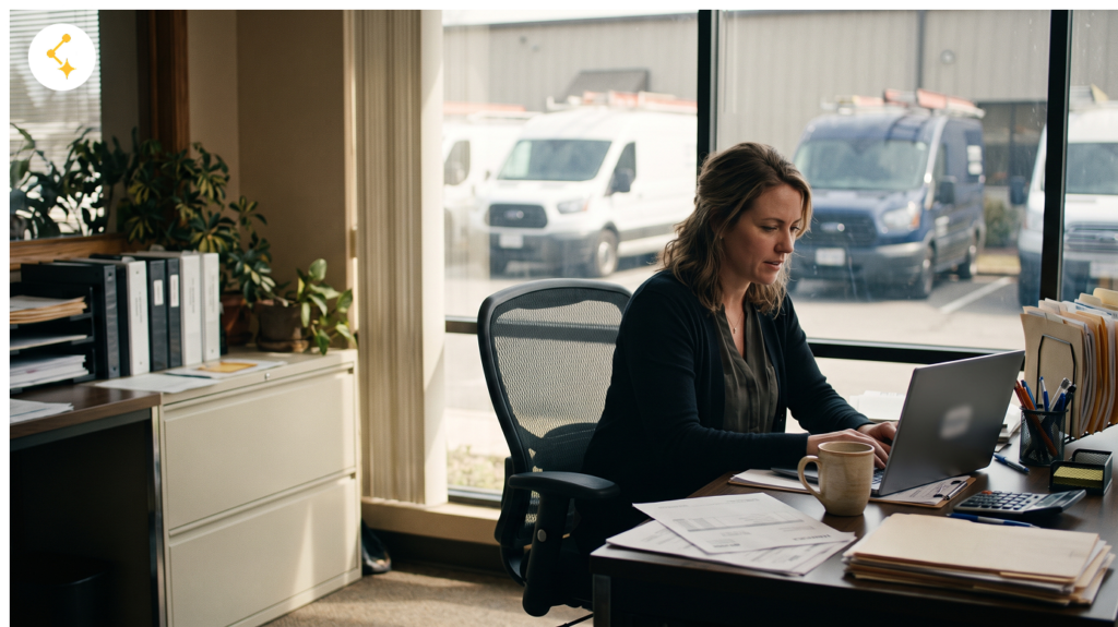 Finance manager reviewing invoice payment options on a laptop at a service company office