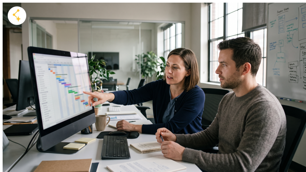Operations lead and developer reviewing a merchant migration plan at a software company office