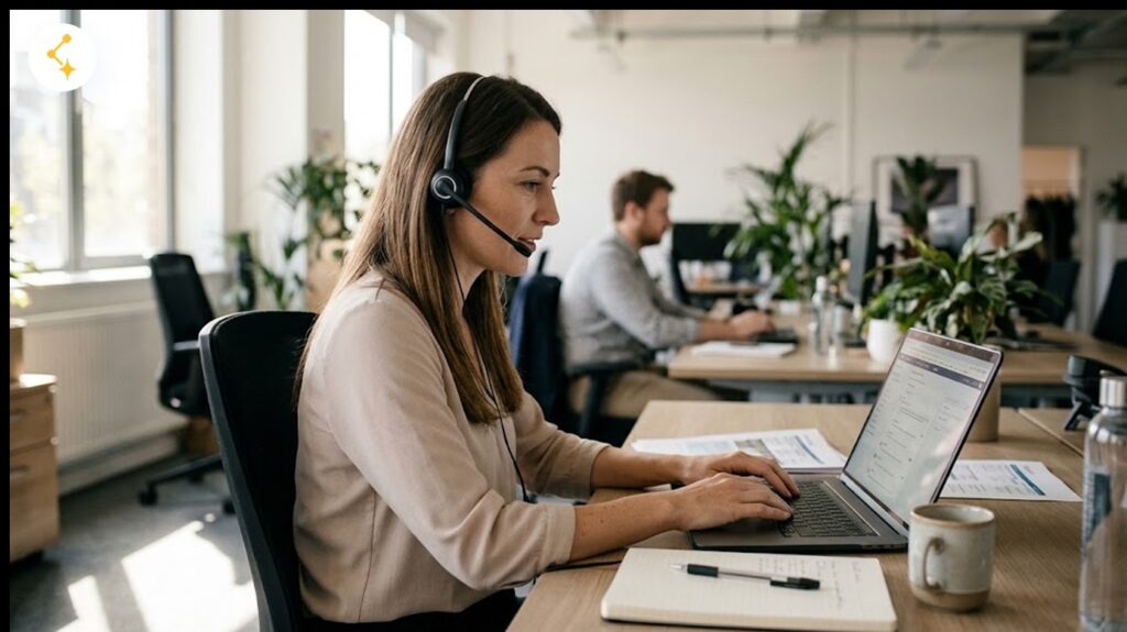 Customer support lead at a software company on a phone call with a merchant, reviewing a dispute notice on a laptop